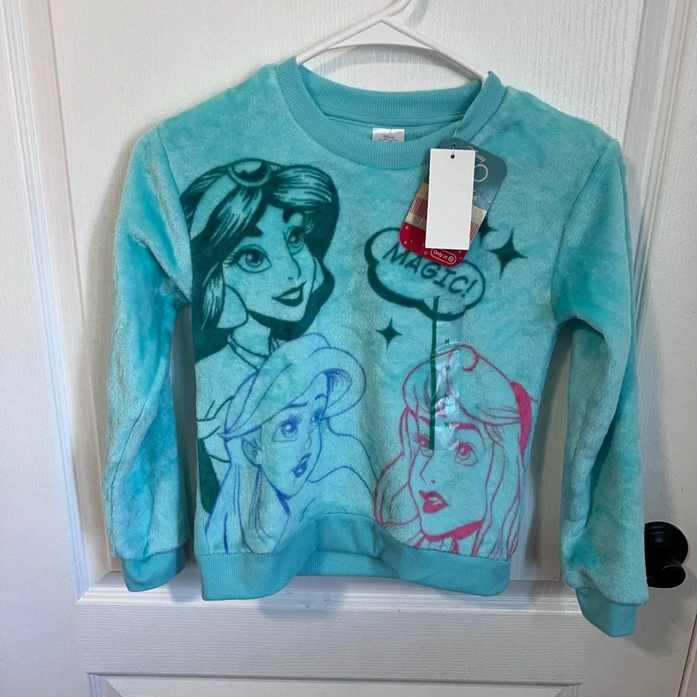 Disney 100 Princess Fleece‎ Sweatshirt Girls Medium Jasmine Ariel Aurora Teal